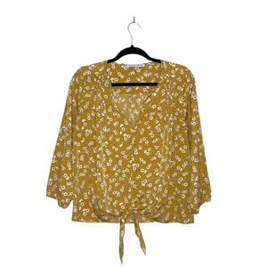 Collective Concepts Yellow Ditsy Floral Print Tie Front Blouse Medium Women’s